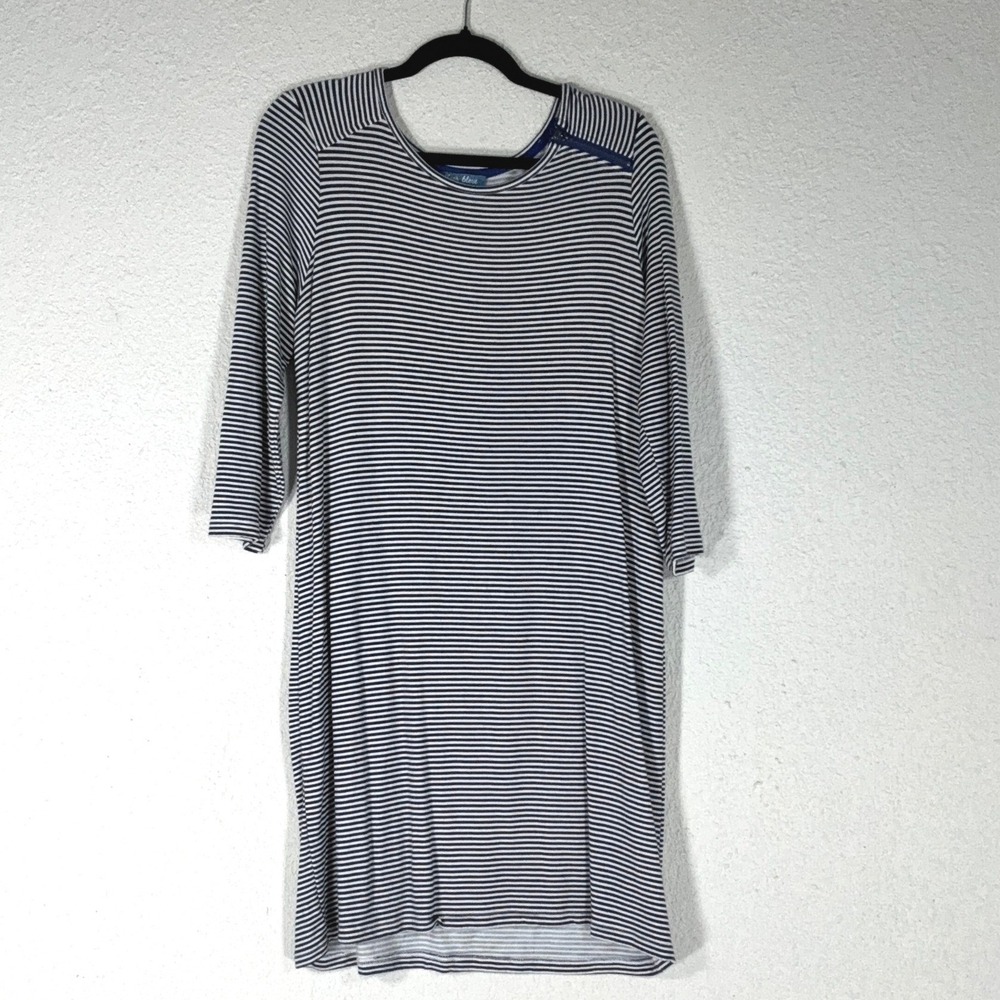 Fleur Bleue Navy Striped T-Shirt Dress - L - 3/4 Sleeve Shoulder Zip